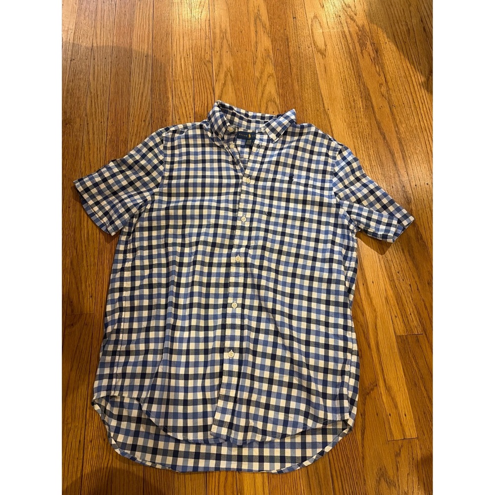 Polo Ralph Lauren Boys XL 18-20 Blue Gingham Short Sleeve Button Down Shirt